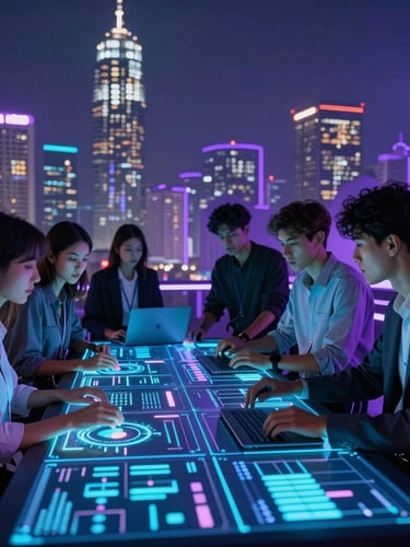 A diverse group of young professionals collaborating over a glowing digital dashboard displaying urban data, cool cyan and deep purple ambient lighting, sharp focus, cinematic wide-angle.
