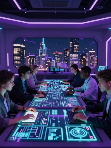 Diverse professionals collaborating over a glowing digital dashboard in a dark, neon-lit control room, electric purple and cyan ambient lighting.
