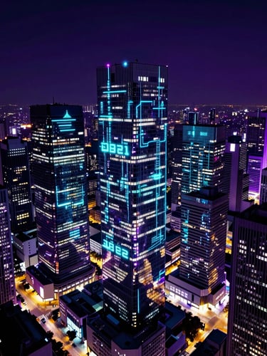 High-contrast night-time urban cityscape with glowing cyan data overlays, smart buildings reflecting deep purple light, cinematic wide-angle.