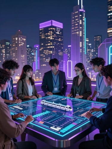 A diverse group of young professionals and urban planners collaborating over a glowing digital dashboard displaying real-time transit data in a modern tech hub.