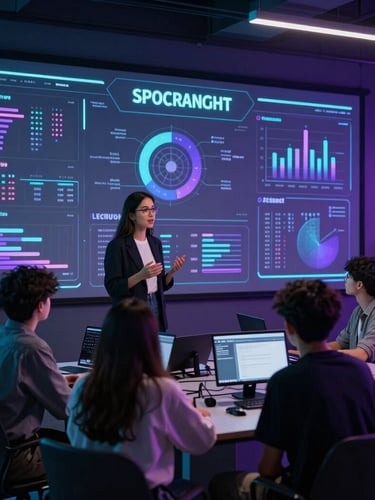 A diverse tech professional explaining a digital dashboard to eager youth in a neon-lit urban community innovation hub, cool cyan and deep purple ambient lighting
