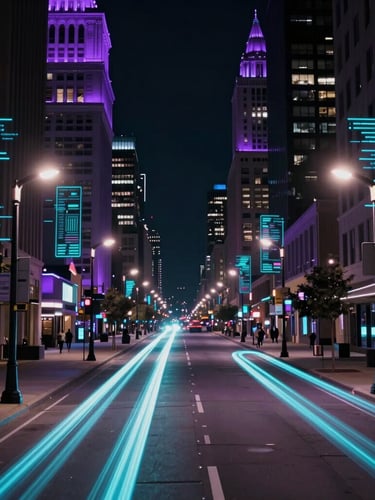 Futuristic night cityscape of an Indiana downtown corridor with glowing cyan light trails, smart street lamps, and data visualization overlays