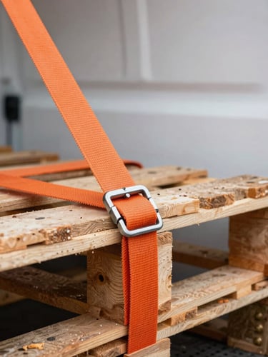 Close-up of heavy-duty orange cargo straps tightly securing wooden pallets inside a clean white transport van, sharp focus on metal buckle, industrial lighting