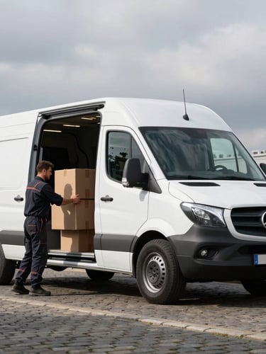 Wide-angle action shot of a clean white Sprinter van with X-HAMO decaled on the side, parked on a cobblestone street in Berlin during overcast daylight. A strong worker in dark workwear is actively loading a cardboard box into the open back door, showing high-contrast industrial grit.