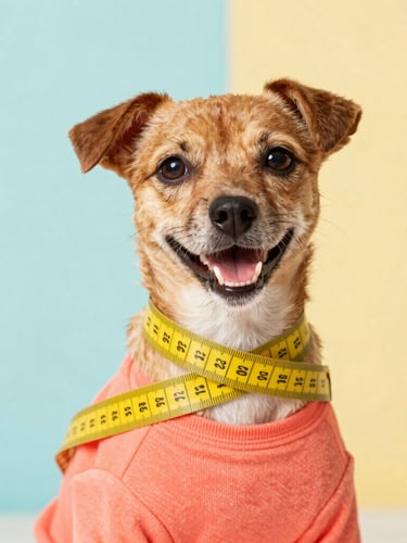 Bright high-key studio photography, close-up of a soft yellow measuring tape gently wrapping around a happy, smiling small dog wearing a vibrant coral shirt, cheerful soft lighting, rich saturated tones.