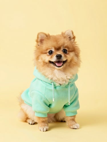 Bright high-key studio photography of a happy Pomeranian wearing a colorful custom-tailored mint-green hoodie, looking playfully at the camera, soft sunny yellow backdrop