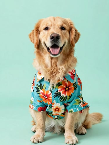 Bright high-key studio photography, a happy golden retriever wearing a colorful Hawaiian floral shirt, mint green background, cheerful soft lighting, 50mm lens