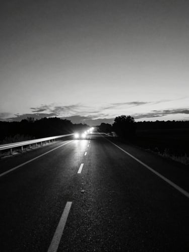 High-contrast black and white cinematic shot of an empty highway stretching to the horizon at dusk, headlight beams cutting through the deep shadows, stark and raw composition.
