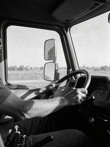 Wide-angle cinematic shot of a solo truck driver's hands on a steering wheel, harsh sunlight cutting through the cab window, deep shadows, black and white.