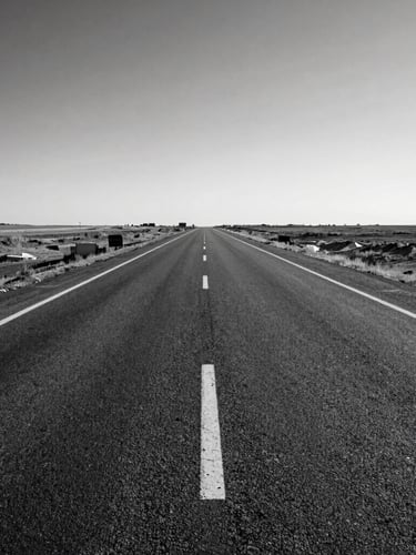 Stark black and white panoramic composition of an empty highway stretching to the horizon, harsh sunlight, deep shadows, raw asphalt texture.