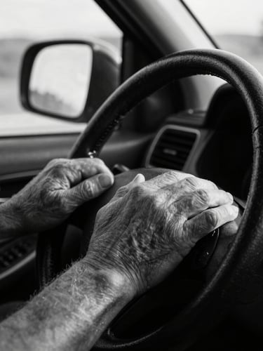 High-contrast cinematic black and white close-up of weathered hands on a steering wheel, deep shadows, harsh headlight beams cutting through the cab window.
