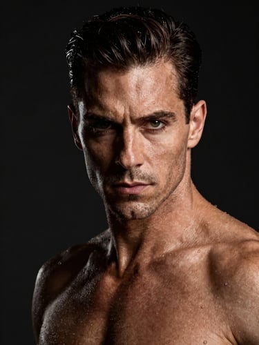Dramatic portrait of a male ballroom dancer, intense gaze, spotlight lighting, dark background, high contrast.