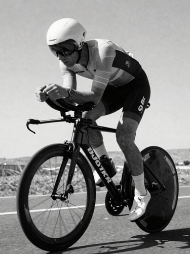 Stark monochrome low-angle shot of a cyclist in an aerodynamic time-trial position, high-contrast direct sunlight, deep shadows, 35mm film grain.