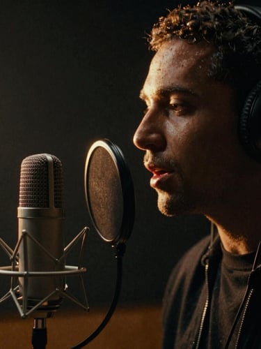 Intimate medium close-up of a voice talent in a dark soundproof booth, speaking into a vintage Neumann microphone, warm golden backlight rimming their profile, moody atmosphere, 35mm film grain