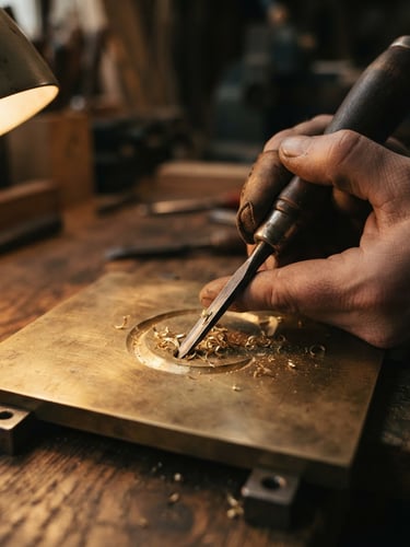 Macro close-up of a hand-guided chisel carving clean typography into a solid brass plate, brass shavings caught in dramatic side-lighting, shallow depth of field