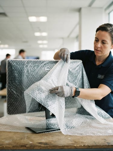 Close-up of a professional technician in a clean uniform carefully wrapping a large computer monitor in thick protective bubble wrap inside a bright modern office, natural daylight, sharp focus, 35mm