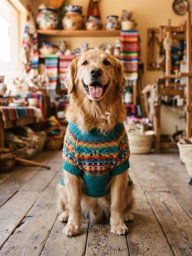 Eye-level shot of a happy golden retriever wearing a colorful teal knitted sweater, sitting on a wooden floor of a bright Mexican workshop, warm daylight.