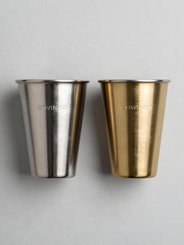 Overhead flat-lay of two metal cups side by side on a light gray seamless background, professional daylight studio lighting, highly polished silver and gold finishes reflecting subtle catchlights, engraved text on each cup's body legible from above