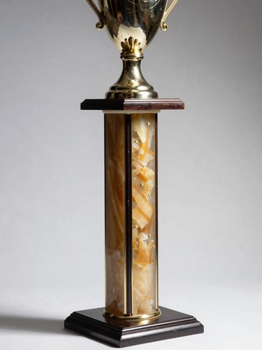 3/4 angle studio shot of a tall trophy with a polished resin column and metal cup top, neutral white background, directional studio strobe casting a clean dimensional shadow, close-up detail of the base engraving plate visible, no people