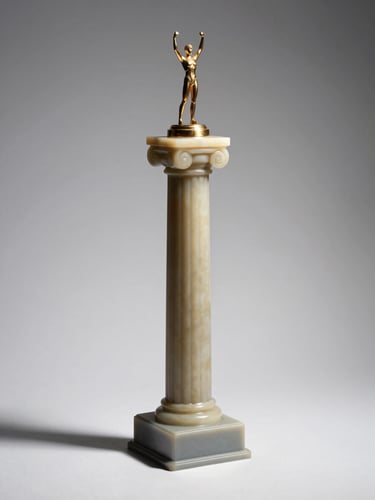 3/4 view of a tall resin column trophy on a white studio surface, neutral strobe lighting from upper left casting a short shadow that reveals the column's cylindrical depth, gold-toned figurine on top, clean gray base with engraved text visible at actual size