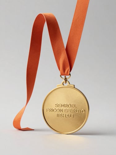 3/4 view studio shot of a single gold-plated zinc medal on a neutral light gray background, medal facing front with engraved text clearly visible, ribbon draped naturally to the left, neutral strobe lighting casting a soft dimensional shadow to show the medal's weight and relief depth, clean white-to-gray gradient ground