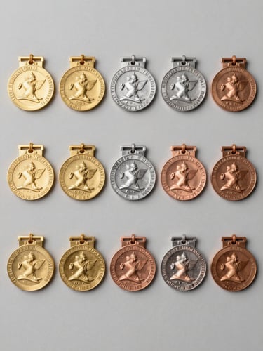 Flat-lay overhead view of multiple medal variants arranged on a neutral light-gray studio surface — gold, silver and bronze finishes side by side, engraving details visible, clean even studio lighting, no people, no props