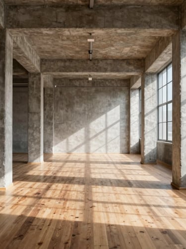 Straight-on architectural shot of a sunlit industrial loft interior, raw concrete pillars, hardwood floor, natural high-contrast daylight
