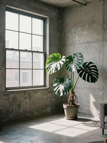 Straight-on architectural shot of a sunlit shared loft living room, raw concrete walls, a large green monstera plant near a steel-framed window, natural afternoon light.
