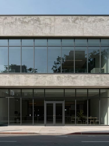 Straight-on architectural shot of a minimalist concrete and glass office front, sharp shadows from afternoon sun, clean lines, Inter style.