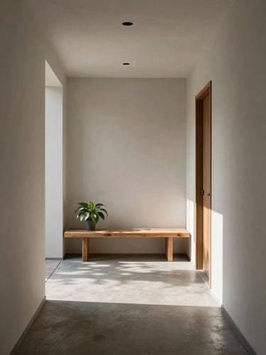 Straight-on architectural shot of a minimalist apartment entryway, natural afternoon light casting sharp geometric shadows on concrete floors, a single green plant on a low oak bench.