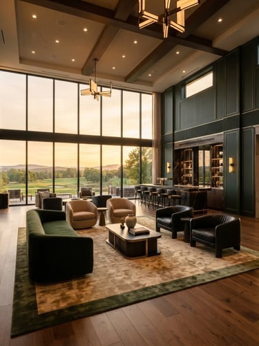 Wide-angle architectural photograph of a modern, luxurious clubhouse lounge area with high ceilings and large windows, bathed in warm golden-hour sunlight, rich deep forest green and champagne tones, elegant minimalist furniture, no people.