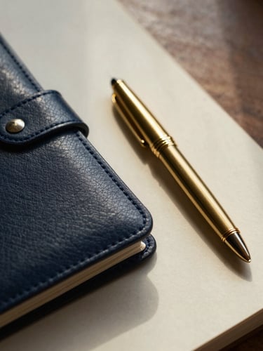 A close-up of a structured leather folio and a gold fountain pen resting on heavy warm ivory paper, soft directional window light, deep navy shadows, 35mm photography