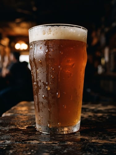 Close-up of a rustic craft beer glass with heavy condensation and water droplets dripping down, warm low-key amber lighting, dark wooden table background, shallow depth of field, 35mm