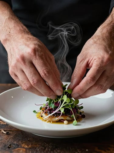 Extreme close-up of a chef's hands carefully placing microgreens on a beautifully plated dish, steam rising slightly, rustic dark wooden table background, soft side-lighting, rich textures.