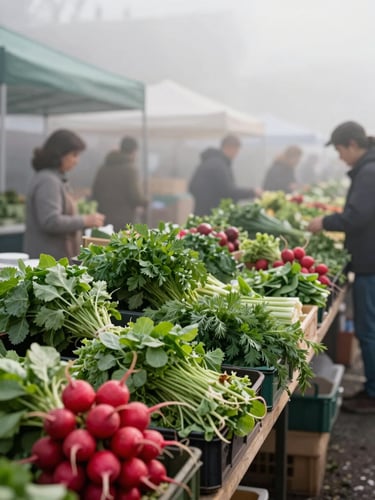 Wide environmental shot of a bustling outdoor farmers market stall under misty morning light, crates of vibrant green herbs and red radishes in the foreground.