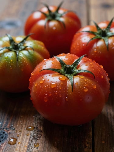 Moody Scandinavian daylight close-up of heirloom tomatoes on a rustic wooden table, water droplets, deep shadows, rich red and green tones.