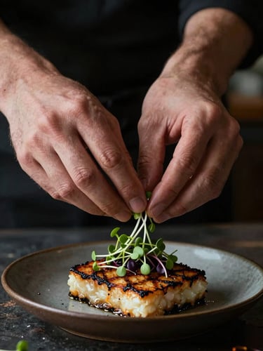 Extreme close-up of a chef's hands carefully placing microgreens onto a perfectly seared dish, dark rustic background, moody natural side-light.