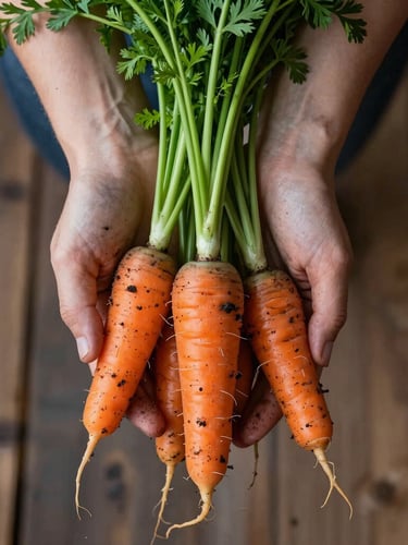 Moody Scandinavian daylight, extreme close-up of soil-stained hands holding freshly harvested heirloom carrots with vibrant green tops, rustic wood background.