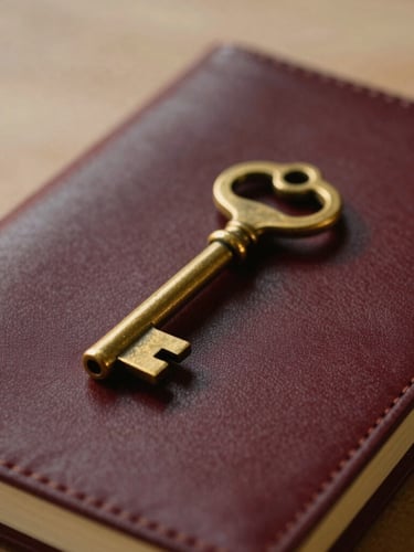 Close-up of a vintage brass key resting on a dark leather journal, soft golden-hour light, shallow depth of field