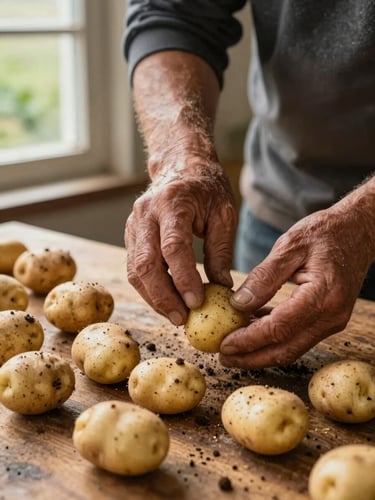 Close-up of a farmer's weathered hands sorting small potatoes on a rough wooden table beside a field, warm window light from the left, soil textures visible
