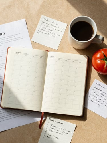 Overhead flat-lay of agency planning materials on a warm parchment surface — a notebook open to a content calendar, a ceramic mug of coffee, scattered index cards with handwritten notes, a single ripe tomato off to one side, natural window light casting soft shadows, close-cropped and unhurried