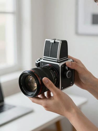 Intimate close-up of a photographer's hands adjusting a medium format camera lens, soft diffused natural daylight, clean minimalist workspace background.