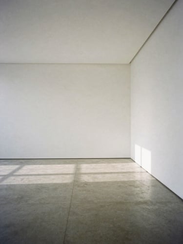 A straight-on, minimalist architectural shot of an empty physical art gallery with pristine white walls, soft natural light casting long shadows on the concrete floor.
