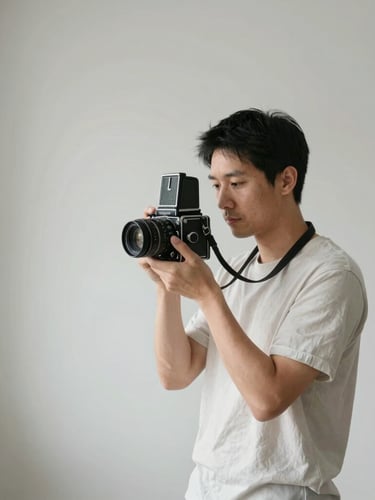 Soft natural light portrait of a male photographer in his late 30s holding an old medium format camera, clean minimalist studio background, quiet mood.