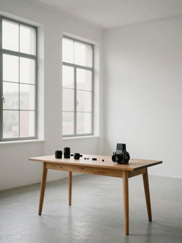Wide shot of a minimalist photography studio filled with natural light, large windows, a wooden desk with medium format camera parts, blank white walls, peaceful atmosphere