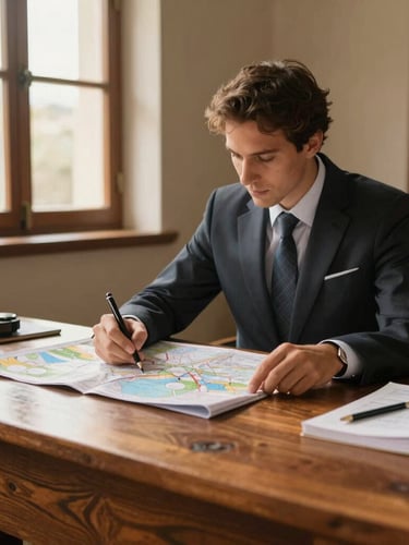 Medium shot of a travel specialist reviewing a map and itinerary details on a wooden desk, natural light from a window, subtle architectural details in background, professional and focused, premium travel photography.