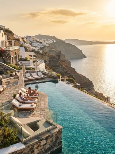 Bright golden-hour view of a luxury cliffside resort pool overlooking the Mediterranean sea, white lounge chairs, clean architectural lines, premium travel photography, 35mm lens