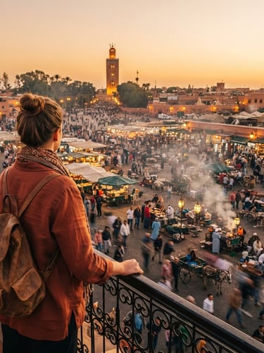 Candid shot of a traveler looking out over a vibrant, bustling marketplace in Marrakech at golden hour, rich colors, wide-angle environmental framing, natural light, premium travel photography, subtle movement, no faces clearly visible.