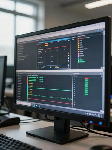 Close-up of an active operations dashboard on a monitor in a control room, data streams visible mid-refresh, natural north-facing window light from the left, no people in frame, industrial setting