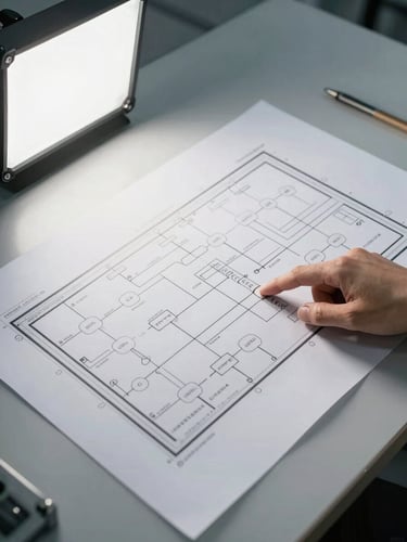 Wide overhead shot of a manufacturing floor layout plan spread across a table, process flow lines drawn in pencil, a hand pointing to a handoff node, clean studio strobe lighting, no people visible from above